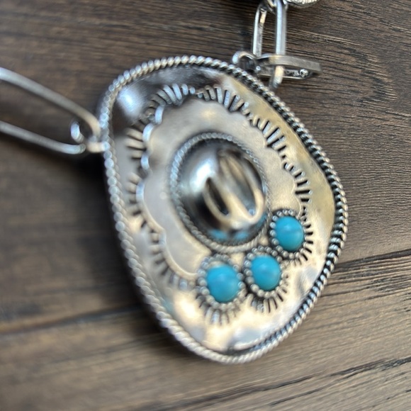 By The Bay NY Necklace/Earring Set,silver tone cowgirl hat,faux turquoise stones - Picture 4 of 10